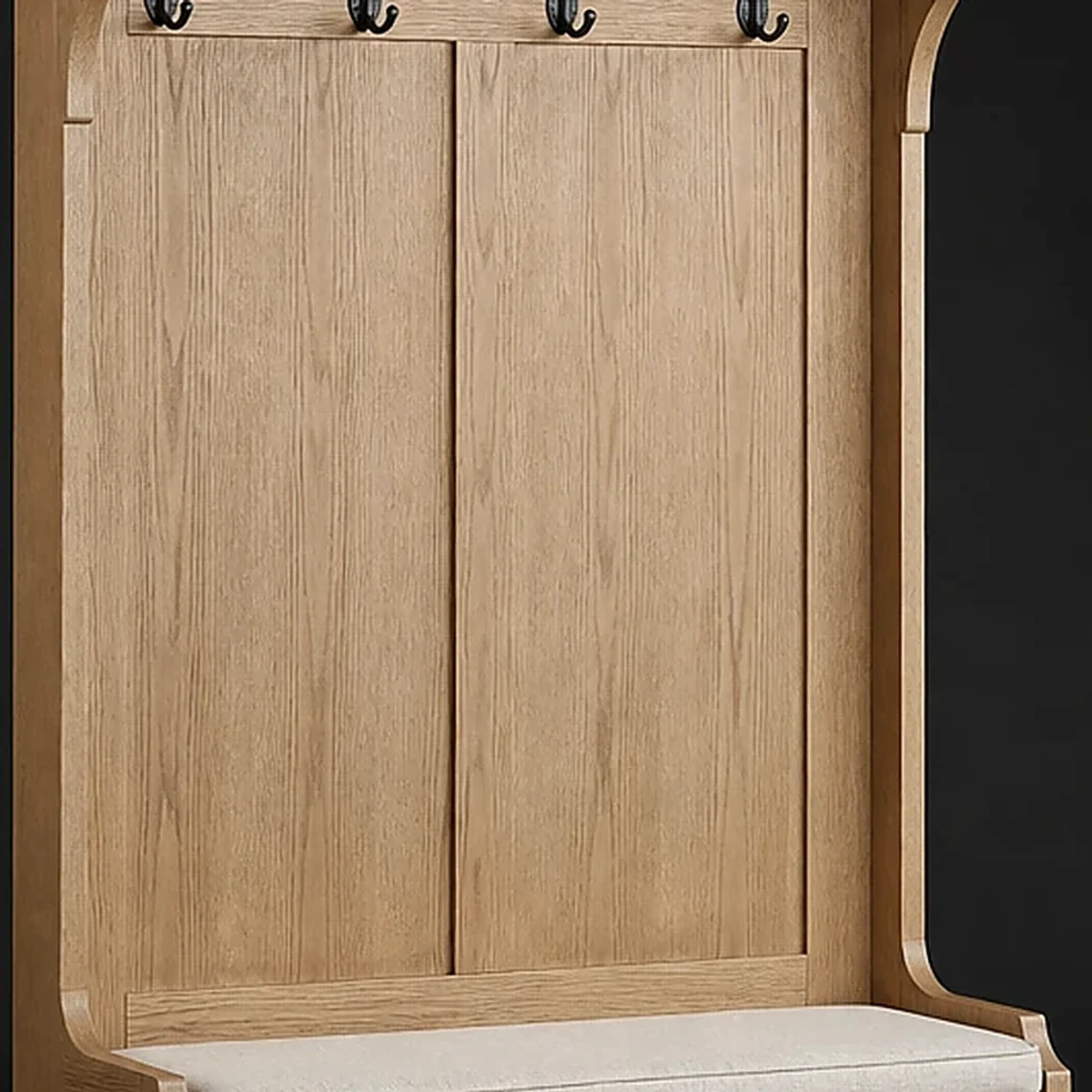 Hall Tree with Bench and Upper Shelf, close detail of material and construction