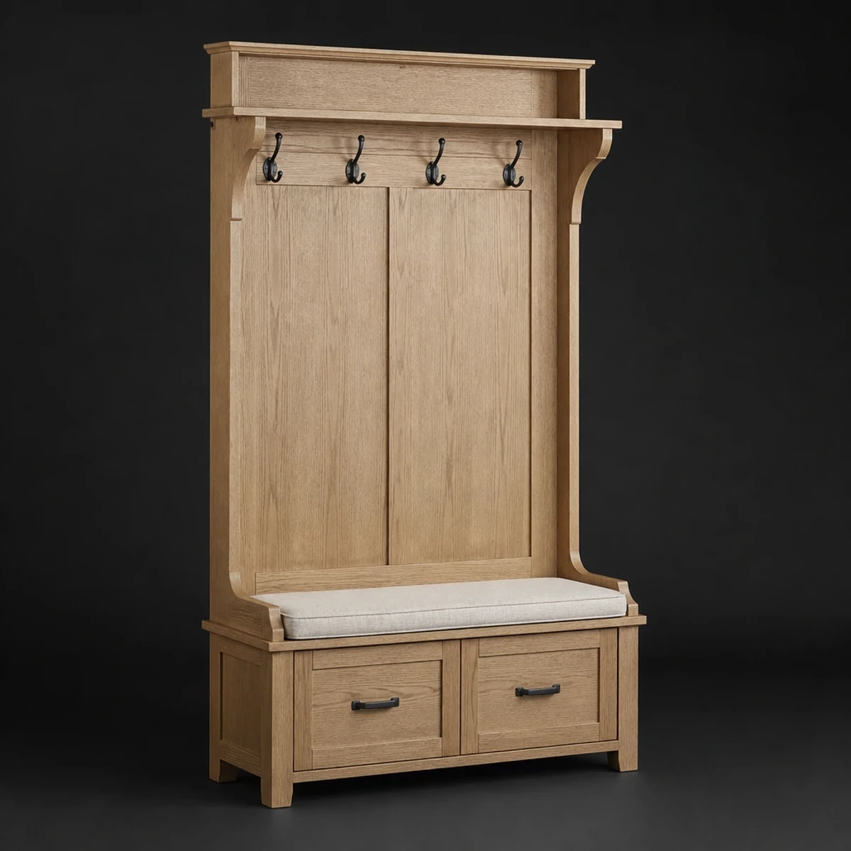 Hall Tree with Bench and Upper Shelf, full studio view