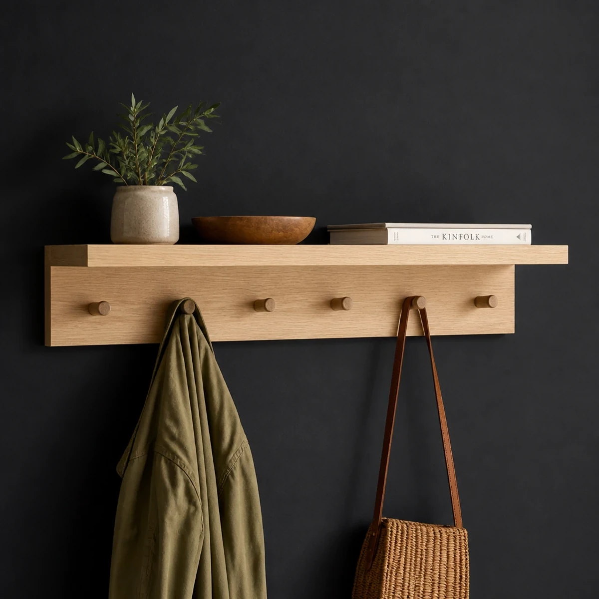 Wall Mounted Coat Rack with Shelf, 36 Inches Wide, full studio view
